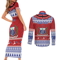 Personalised Toa Samoa Rugby Christmas Couples Matching Short Sleeve Bodycon Dress and Long Sleeve Button Shirt Ula Fala Samoan Pattern Red - Polynesian Pride