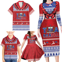 Personalised Toa Samoa Rugby Christmas Family Matching Long Sleeve Bodycon Dress and Hawaiian Shirt Ula Fala Samoan Pattern Red LT14 - Polynesian Pride