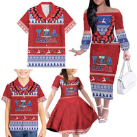 Personalised Toa Samoa Rugby Christmas Family Matching Off The Shoulder Long Sleeve Dress and Hawaiian Shirt Ula Fala Samoan Pattern Red LT14 - Polynesian Pride