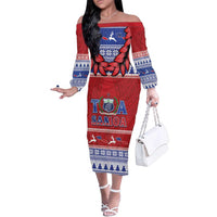 Personalised Toa Samoa Rugby Christmas Family Matching Off The Shoulder Long Sleeve Dress and Hawaiian Shirt Ula Fala Samoan Pattern Red LT14 Mom's Dress Red - Polynesian Pride