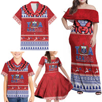 Personalised Toa Samoa Rugby Christmas Family Matching Off Shoulder Maxi Dress and Hawaiian Shirt Ula Fala Samoan Pattern Red - Polynesian Pride