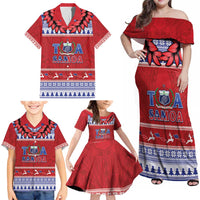 Personalised Toa Samoa Rugby Christmas Family Matching Off Shoulder Maxi Dress and Hawaiian Shirt Ula Fala Samoan Pattern Red - Polynesian Pride