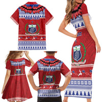 Personalised Toa Samoa Rugby Christmas Family Matching Short Sleeve Bodycon Dress and Hawaiian Shirt Ula Fala Samoan Pattern Red LT14 - Polynesian Pride