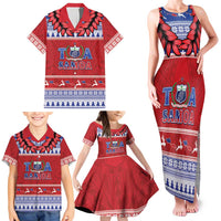 Personalised Toa Samoa Rugby Christmas Family Matching Tank Maxi Dress and Hawaiian Shirt Ula Fala Samoan Pattern Red LT14 - Polynesian Pride