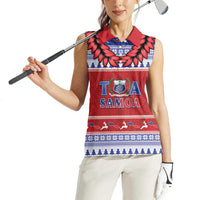 Personalised Toa Samoa Rugby Christmas Women Sleeveless Polo Shirt Ula Fala Samoan Pattern Red - Polynesian Pride