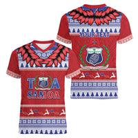 Personalised Toa Samoa Rugby Christmas Women V-Neck T-Shirt Ula Fala Samoan Pattern Red - Polynesian Pride