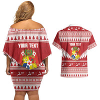 Personalised Tonga Rugby Christmas Couples Matching Off Shoulder Short Dress and Hawaiian Shirt Mate Maa Tonga Ngatu Pattern - Polynesian Pride