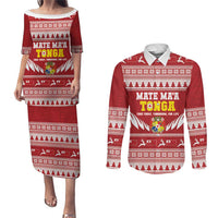 Personalised Tonga Rugby Christmas Couples Matching Puletasi and Long Sleeve Button Shirt Mate Maa Tonga Ngatu Pattern - Polynesian Pride