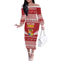 Personalised Tonga Rugby Christmas Family Matching Off The Shoulder Long Sleeve Dress and Hawaiian Shirt Mate Maa Tonga Ngatu Pattern LT14 Mom's Dress Red - Polynesian Pride
