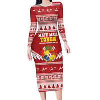 Personalised Tonga Rugby Christmas Long Sleeve Bodycon Dress Mate Maa Tonga Ngatu Pattern - Polynesian Pride
