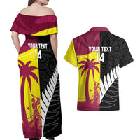 New Zealand and West Indies Cricket Custom Couples Matching Off Shoulder Maxi Dress and Hawaiian Shirt Black Cap Windies Together - Polynesian Pride