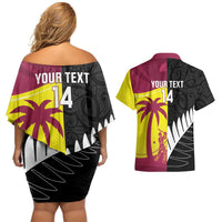 New Zealand and West Indies Cricket Custom Couples Matching Off Shoulder Short Dress and Hawaiian Shirt Black Cap Windies Together LT14 - Polynesian Pride