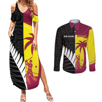 New Zealand and West Indies Cricket Custom Couples Matching Summer Maxi Dress and Long Sleeve Button Shirt Black Cap Windies Together LT14 Black - Polynesian Pride