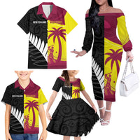 New Zealand and West Indies Cricket Custom Family Matching Off The Shoulder Long Sleeve Dress and Hawaiian Shirt Black Cap Windies Together - Polynesian Pride
