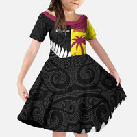 New Zealand and West Indies Cricket Custom Family Matching Off Shoulder Maxi Dress and Hawaiian Shirt Black Cap Windies Together LT14 Daughter's Dress Black - Polynesian Pride
