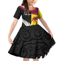 New Zealand and West Indies Cricket Custom Family Matching Off Shoulder Short Dress and Hawaiian Shirt Black Cap Windies Together LT14 Daughter's Dress Black - Polynesian Pride