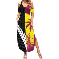 New Zealand and West Indies Cricket Custom Family Matching Summer Maxi Dress and Hawaiian Shirt Black Cap Windies Together LT14 Mom's Dress Black - Polynesian Pride