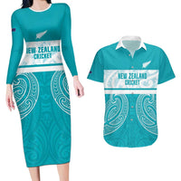 New Zealand Silver Fern Cricket Custom Couples Matching Long Sleeve Bodycon Dress and Hawaiian Shirt Black Cap Teal Maori Pattern - Polynesian Pride