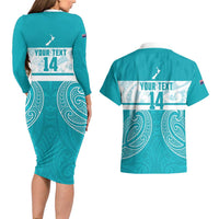 New Zealand Silver Fern Cricket Custom Couples Matching Long Sleeve Bodycon Dress and Hawaiian Shirt Black Cap Teal Maori Pattern LT14 - Polynesian Pride