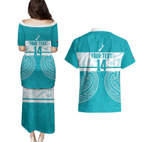 New Zealand Silver Fern Cricket Custom Couples Matching Puletasi and Hawaiian Shirt Black Cap Teal Maori Pattern - Polynesian Pride