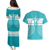 New Zealand Silver Fern Cricket Custom Couples Matching Puletasi and Hawaiian Shirt Black Cap Teal Maori Pattern - Polynesian Pride