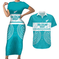 New Zealand Silver Fern Cricket Custom Couples Matching Short Sleeve Bodycon Dress and Hawaiian Shirt Black Cap Teal Maori Pattern LT14 Teal - Polynesian Pride