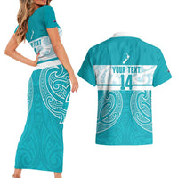 New Zealand Silver Fern Cricket Custom Couples Matching Short Sleeve Bodycon Dress and Hawaiian Shirt Black Cap Teal Maori Pattern LT14 - Polynesian Pride