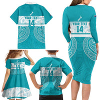 New Zealand Silver Fern Cricket Custom Family Matching Long Sleeve Bodycon Dress and Hawaiian Shirt Black Cap Teal Maori Pattern - Polynesian Pride