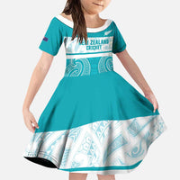 New Zealand Silver Fern Cricket Custom Family Matching Mermaid Dress and Hawaiian Shirt Black Cap Teal Maori Pattern LT14 Daughter's Dress Teal - Polynesian Pride