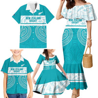 New Zealand Silver Fern Cricket Custom Family Matching Mermaid Dress and Hawaiian Shirt Black Cap Teal Maori Pattern LT14 - Polynesian Pride