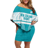 New Zealand Silver Fern Cricket Custom Family Matching Off Shoulder Short Dress and Hawaiian Shirt Black Cap Teal Maori Pattern LT14 Mom's Dress Teal - Polynesian Pride