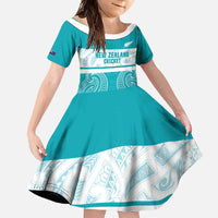 New Zealand Silver Fern Cricket Custom Family Matching Short Sleeve Bodycon Dress and Hawaiian Shirt Black Cap Teal Maori Pattern LT14 Daughter's Dress Teal - Polynesian Pride