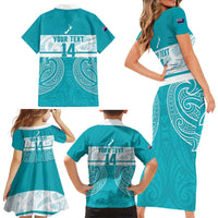 New Zealand Silver Fern Cricket Custom Family Matching Short Sleeve Bodycon Dress and Hawaiian Shirt Black Cap Teal Maori Pattern LT14 - Polynesian Pride