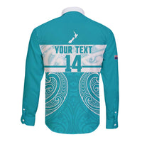 New Zealand Silver Fern Cricket Custom Long Sleeve Button Shirt Black Cap Teal Maori Pattern - Polynesian Pride