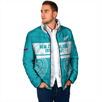 New Zealand Silver Fern Cricket Custom Padded Jacket Black Cap Teal Maori Pattern - Polynesian Pride