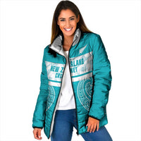 New Zealand Silver Fern Cricket Custom Padded Jacket Black Cap Teal Maori Pattern - Polynesian Pride