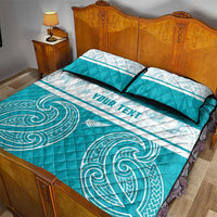 New Zealand Silver Fern Cricket Custom Quilt Bed Set Black Cap Teal Maori Pattern - Polynesian Pride