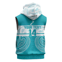 New Zealand Silver Fern Cricket Custom Sleeveless Hoodie Black Cap Teal Maori Pattern - Polynesian Pride