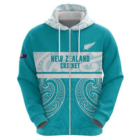 New Zealand Silver Fern Cricket Custom Zip Hoodie Black Cap Teal Maori Pattern - Polynesian Pride