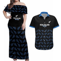 New Zealand Silver Fern Cricket Custom Couples Matching Off Shoulder Maxi Dress and Hawaiian Shirt Black Cap T20 Version LT14 Black - Polynesian Pride