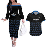 New Zealand Silver Fern Cricket Custom Couples Matching Off The Shoulder Long Sleeve Dress and Hawaiian Shirt Black Cap T20 Version LT14 Black - Polynesian Pride