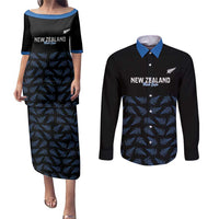 New Zealand Silver Fern Cricket Custom Couples Matching Puletasi and Long Sleeve Button Shirt Black Cap T20 Version LT14 Black - Polynesian Pride