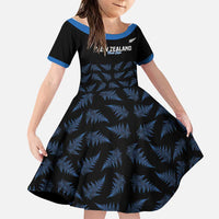New Zealand Silver Fern Cricket Custom Family Matching Off The Shoulder Long Sleeve Dress and Hawaiian Shirt Black Cap T20 Version LT14 Daughter's Dress Black - Polynesian Pride