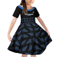 New Zealand Silver Fern Cricket Custom Family Matching Off Shoulder Short Dress and Hawaiian Shirt Black Cap T20 Version LT14 Daughter's Dress Black - Polynesian Pride