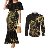Gold And Black Aoteara Horse Racing Couples Matching Mermaid Dress and Long Sleeve Button Shirt NZ Maori Pattern