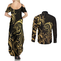 Gold And Black Aoteara Horse Racing Couples Matching Summer Maxi Dress and Long Sleeve Button Shirt NZ Maori Pattern