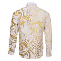 Gold And White Aoteara Horse Racing Family Matching Off The Shoulder Long Sleeve Dress and Hawaiian Shirt NZ Maori Pattern