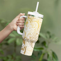 Gold And White Aoteara Horse Racing Tumbler With Handle NZ Maori Pattern
