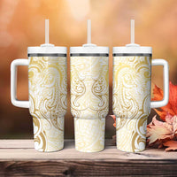 Gold And White Aoteara Horse Racing Tumbler With Handle NZ Maori Pattern