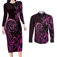 Pink Aoteara Horse Racing Couples Matching Long Sleeve Bodycon Dress and Long Sleeve Button Shirt NZ Maori Pattern